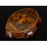 A 19th century Mauchline burr wood table snuff box, the hinged cover finely decorated with a penwork