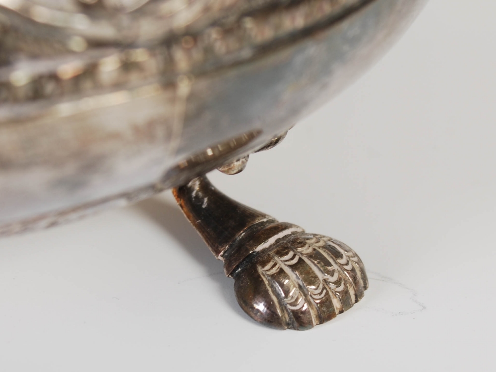 A Middle Eastern white metal rose bowl, the hinged grill with bird head thumb piece, with engraved - Image 3 of 7