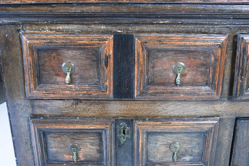 An 18th century oak dresser, the rectangular planked top above three frieze drawers and central - Image 3 of 9