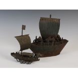 Two Japanese bronze models of sailing boats, late 19th / early 20th century, the larger laden with