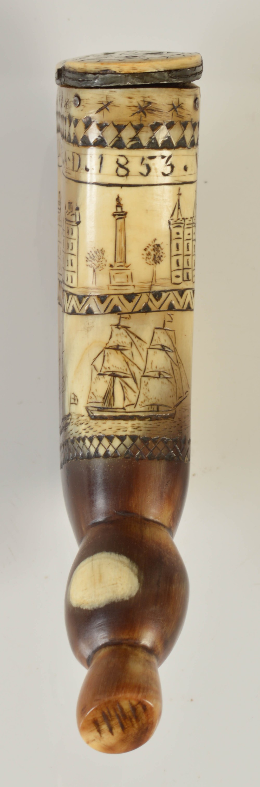 A mid 19th century flattened horn snuff mull, with scrimshaw scenes of Edinburgh and ships at sea, - Image 4 of 4