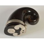 A mid 19th century curly horn snuff mull with silver mounts, the hinged cover disc engraved with