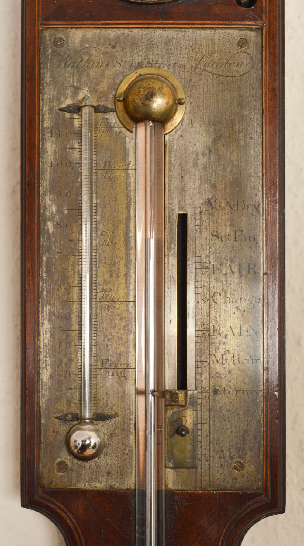 A George III mahogany, boxwood and ebony lined stick barometer, Watkins, St. Fa's Street, London, - Image 2 of 2
