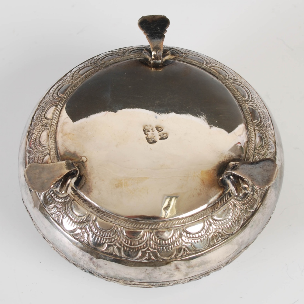 A Middle Eastern white metal rose bowl, the hinged grill with bird head thumb piece, with engraved - Image 6 of 7