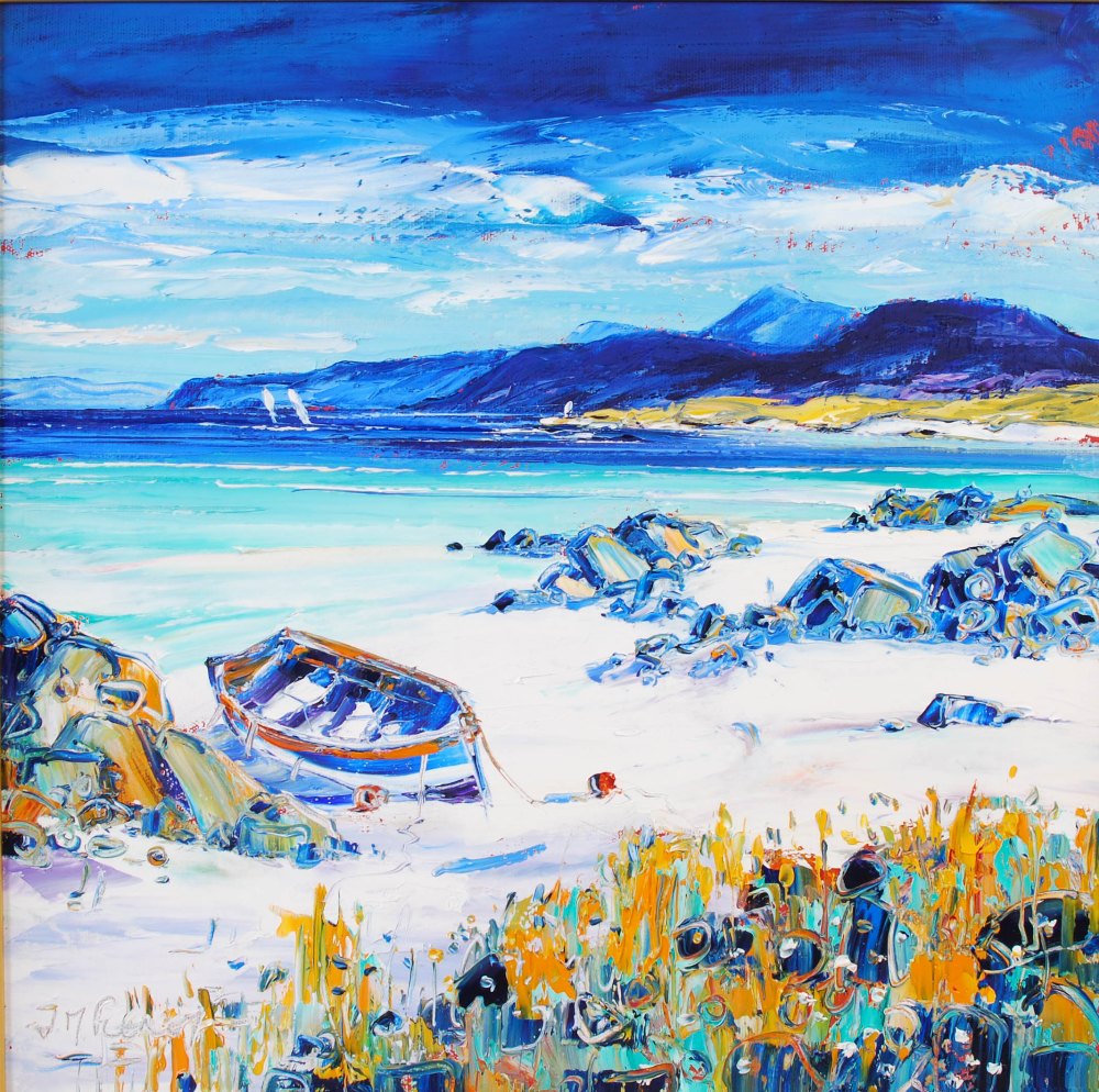 •AR Jean Feeney (Contemporary) Turquoise Seas of Iona with Mull oil on canvas, signed lower left,