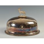 A Victorian EP domed oval meat dish and cover with stag finial, 35cm wide x 25cm high