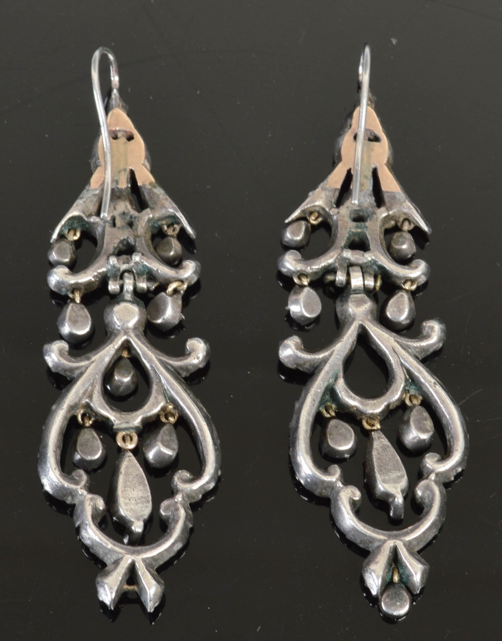 A pair of 18th century white metal and diamond set drop earrings, each of scrolling openwork - Image 2 of 2