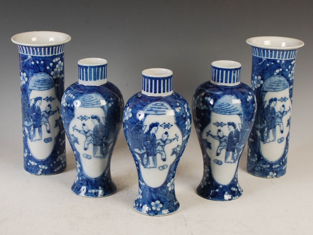 A Chinese porcelain blue and white five piece garniture, 20th century, decorated with oval shaped - Image 2 of 10