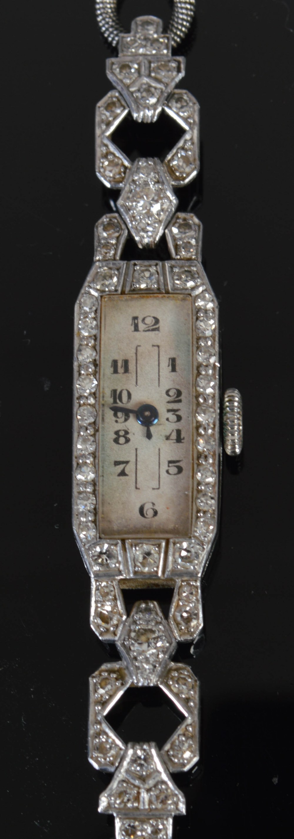 An Art Deco white metal and diamond set cocktail watch, the rectangular dial with Arabic numerals, - Image 2 of 3