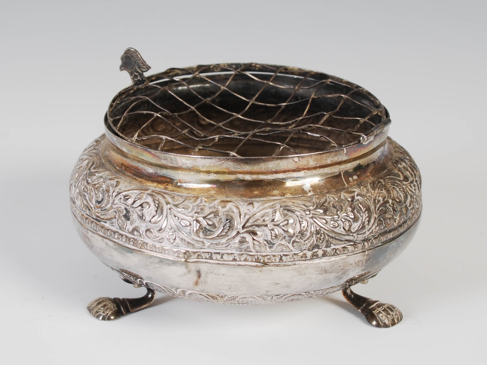 A Middle Eastern white metal rose bowl, the hinged grill with bird head thumb piece, with engraved - Image 2 of 7