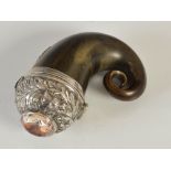 A mid 19th century curly horn snuff mull with silver mounts, embossed with thistles and set with a