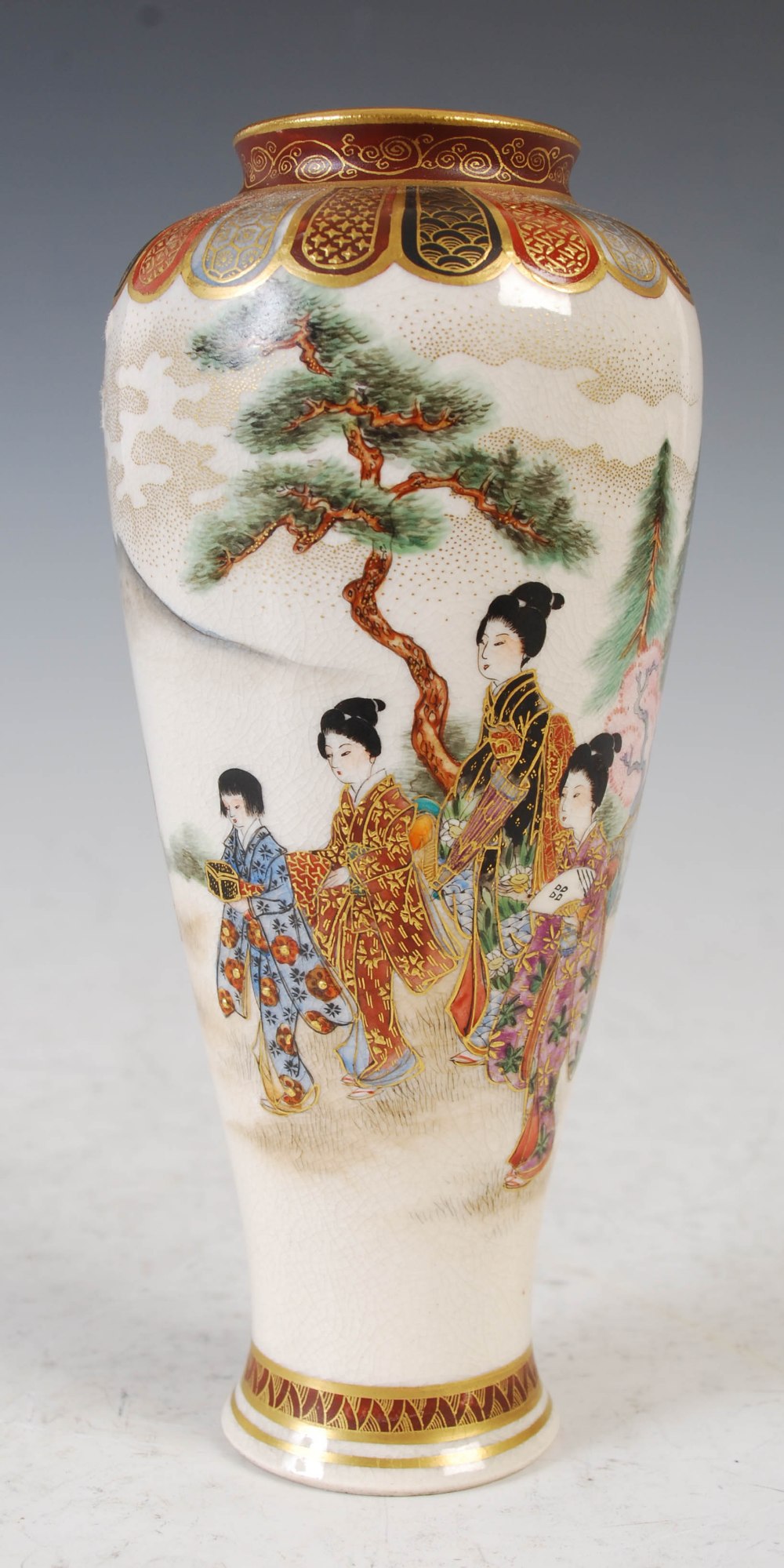 A Japanese Satsuma pottery vase, Meiji Period, finely decorated with a panel of ladies and - Image 2 of 9