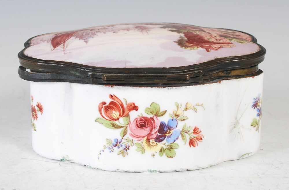 An 18th century enamel on copper quatrefoil shaped box, the hinged cover decorated with river - Image 4 of 10