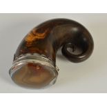 A mid 19th century curly horn snuff mull, with silver mounts and agate-set cover, also initials '