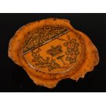 A 19th century Mauchline burr wood table snuff box, the hinged cover with penwork thistles, roses,