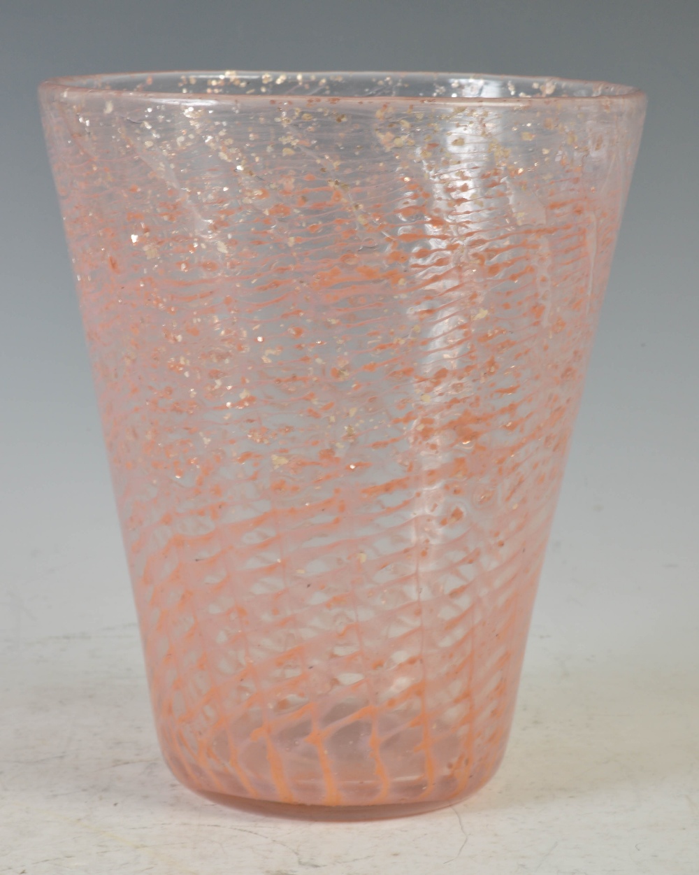 A Monart vase, shape OE, clear with pink trailed lines and silvered coloured inclusions, 21cm high.