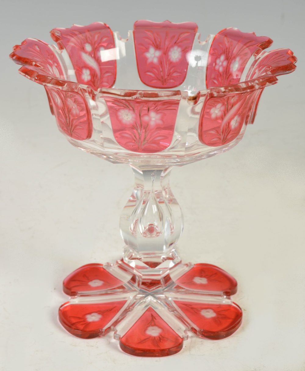 A late 19th century Bohemian ruby glass goblet, decorated in relief with panels of flowers and - Image 5 of 6