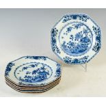 A set of six Chinese porcelain blue and white octagonal shaped plates, Qing Dynasty, decorated