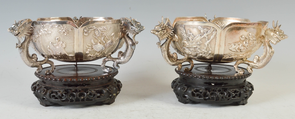 A pair of late 19th century Chinese silver tripod bowls, WANG HING, of shaped hexagonal form with - Image 3 of 9