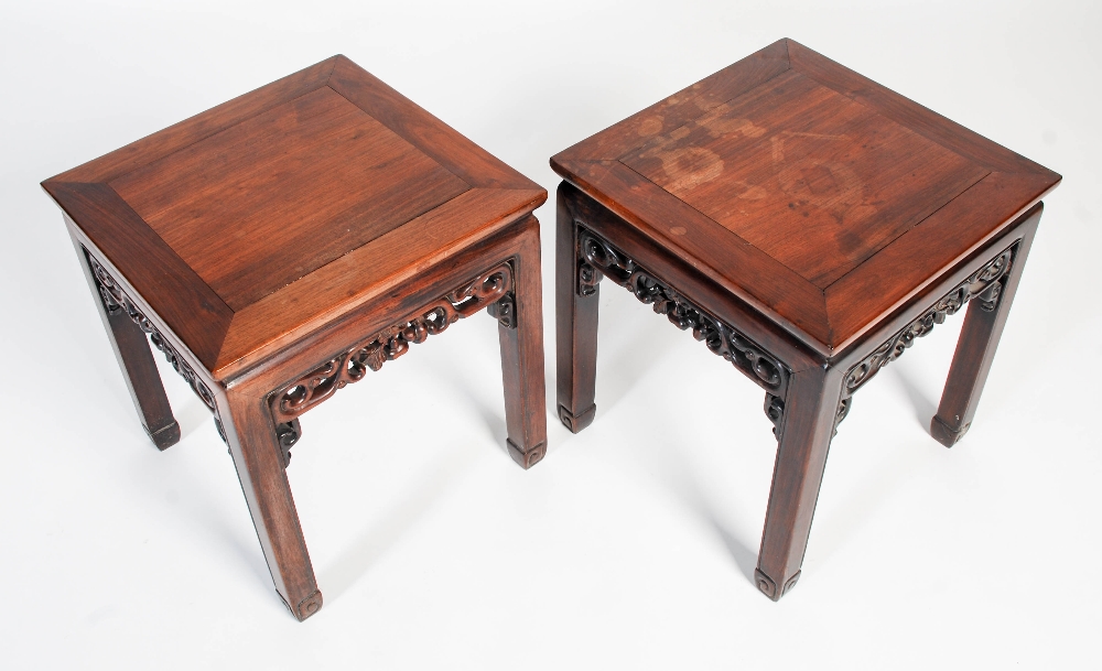 A pair of Chinese darkwood jardiniere/ urn stands, late 19th/ early 20th century, the square panel - Image 5 of 6