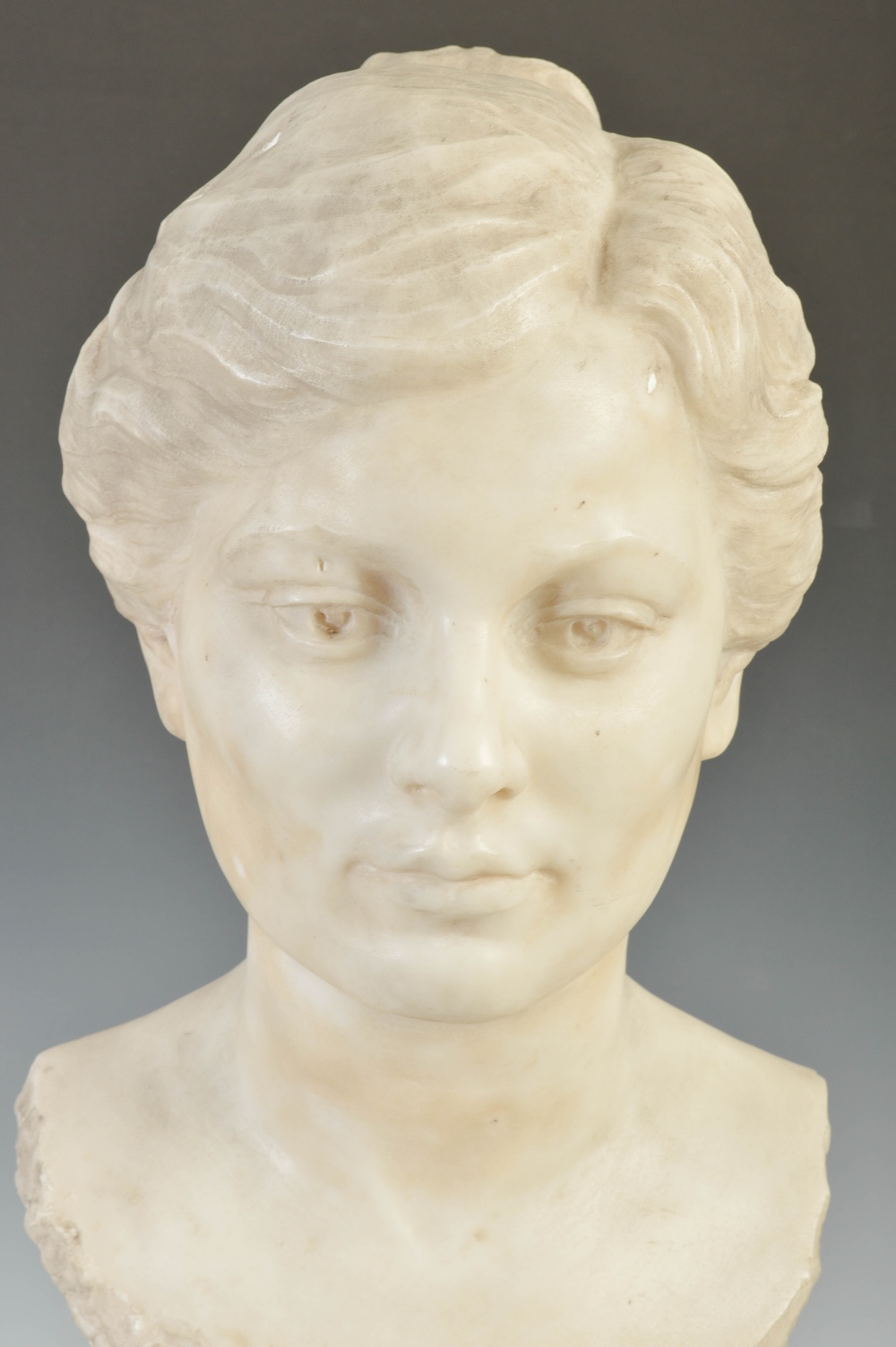 An early 20th century white marble bust of a lady, on green plinth base, 64cm high. - Image 2 of 8