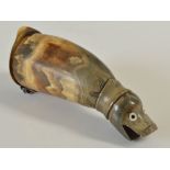 A late 18th century Scottish horn snuff mull, carved in the form of an open-mouthed animal with bone