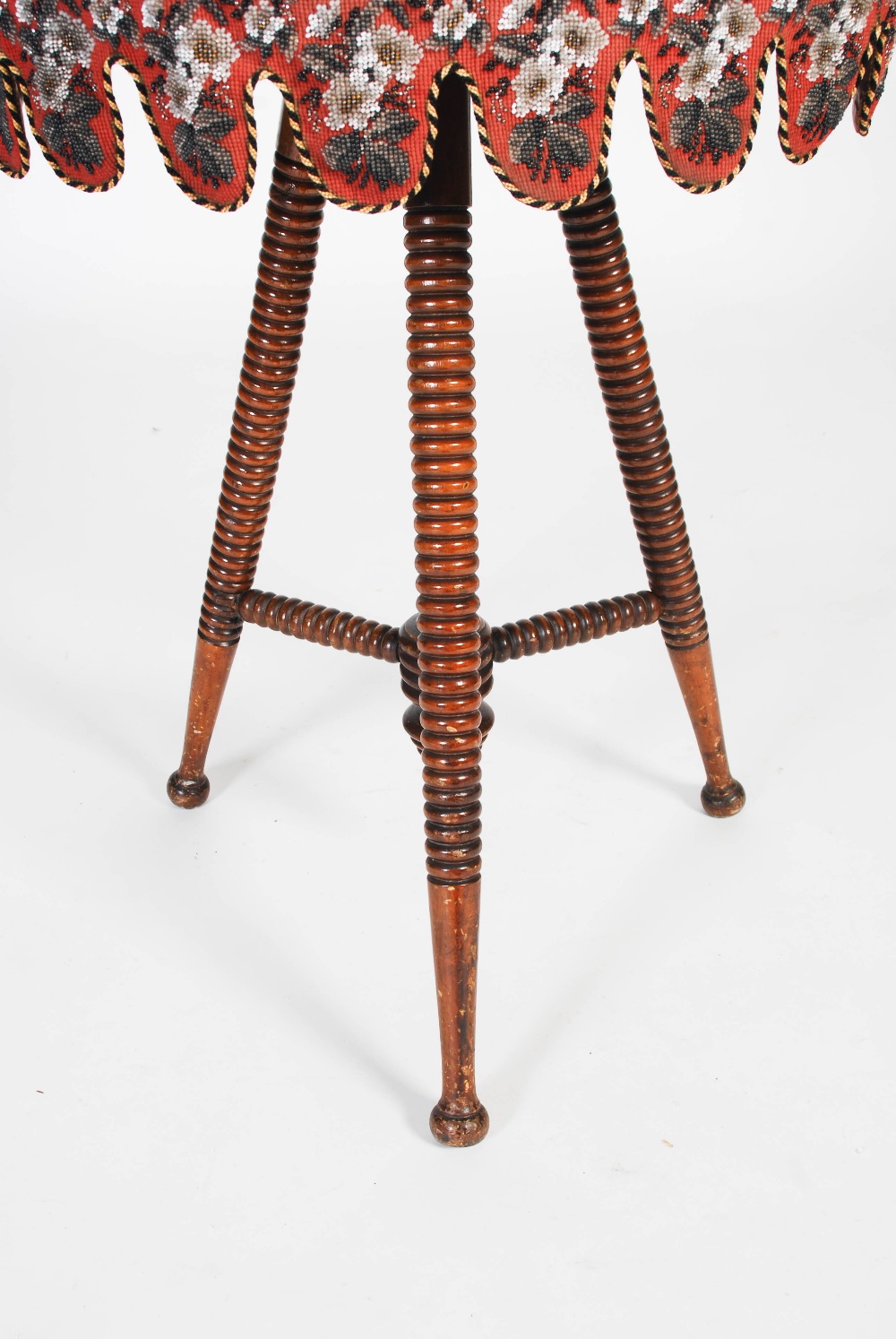 A Victorian mahogany bobbin-turned gypsy table, the round baize-lined top with a needlework and - Image 3 of 7