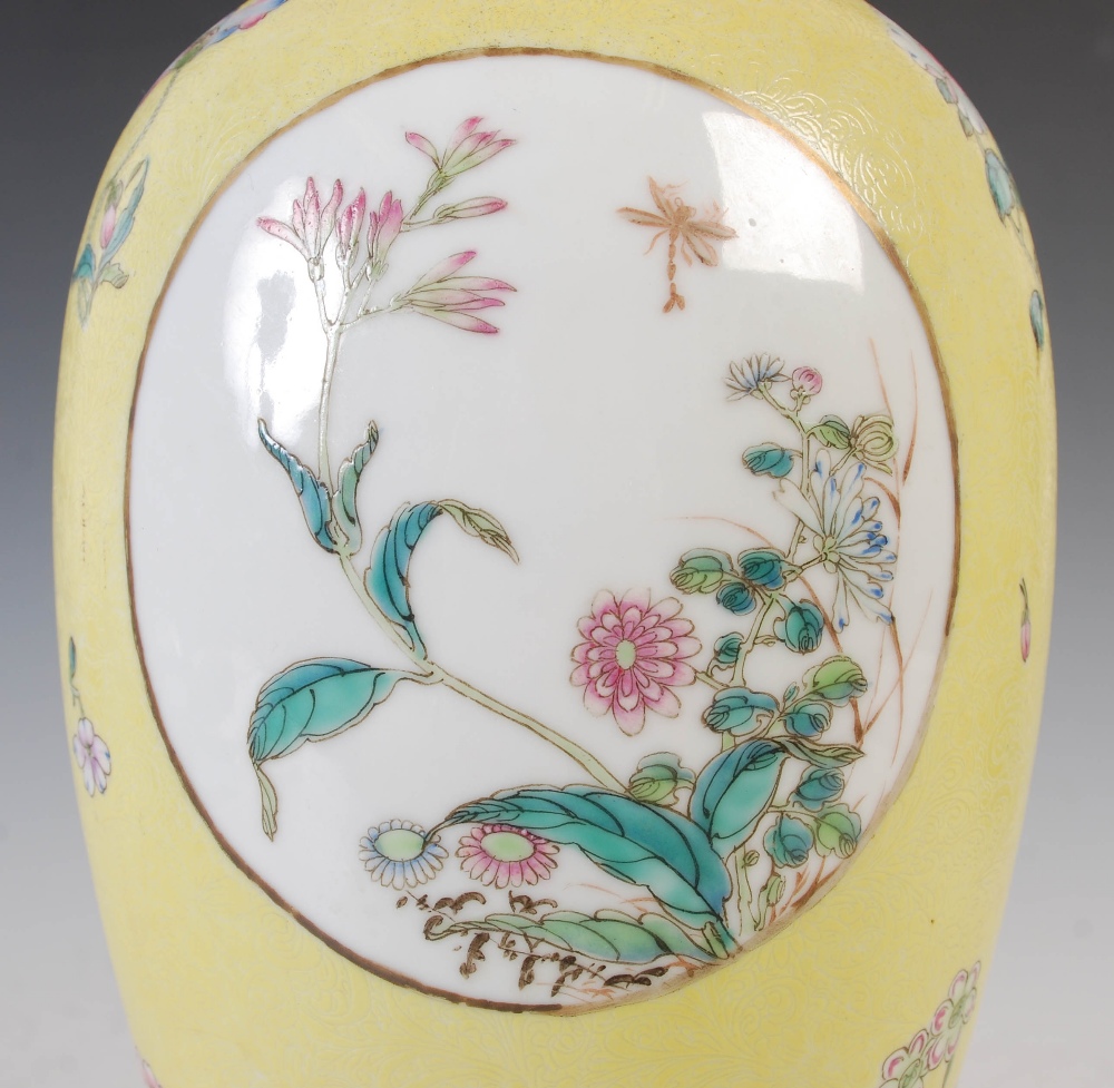 A Chinese porcelain yellow ground famille rose vase, bearing Qianlong seal mark but later, decorated - Image 6 of 11