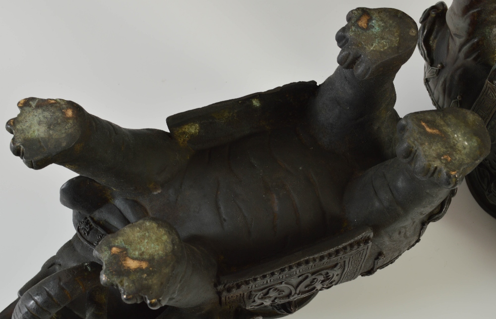 A pair of Chinese bronze elephant incense burners, Qing Dynasty, modelled in two sections, the upper - Image 5 of 6