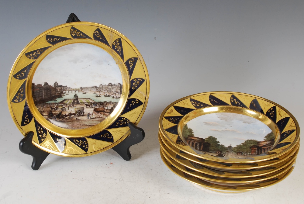 A set of six 19th century Paris porcelain hand painted plates with named views, 'Vue de Palais