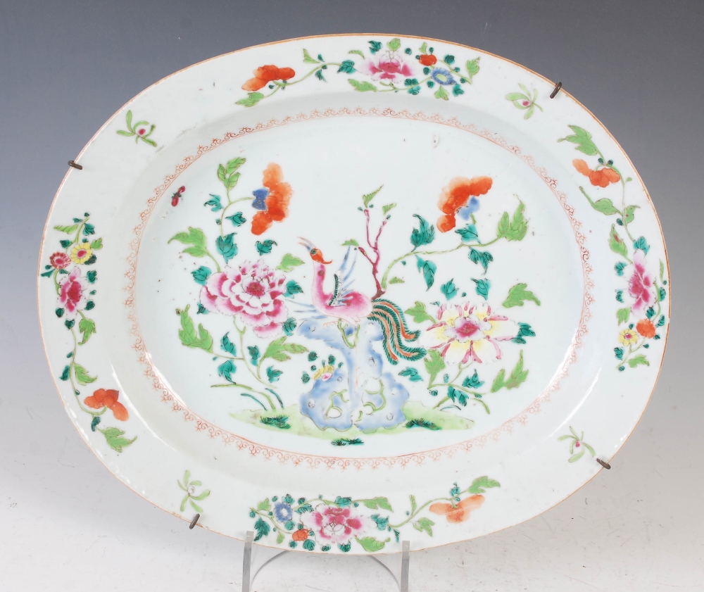A pair of Chinese porcelain famille rose oval shaped dishes, Qing Dynasty, decorated with peonies - Image 4 of 6