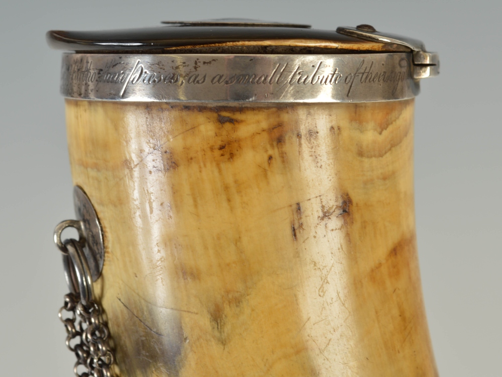 A large early 19th century horn table snuff mull with silver mounts, the collar inscribed 'Presented - Image 5 of 5