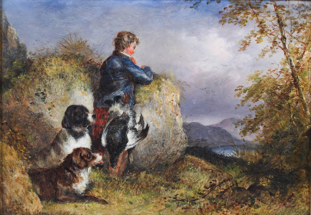 Thomas Faed RA HRSA (1826-1900) Beater with game and attendant dogs oil on board, inscribed verso