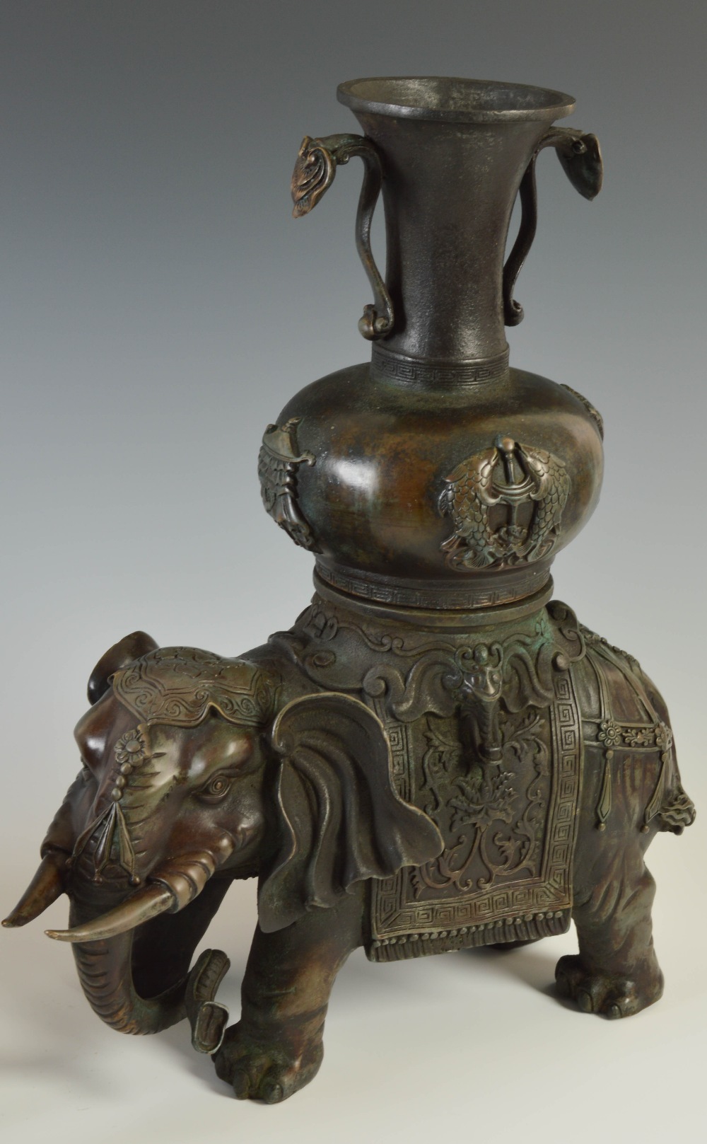 A pair of Chinese bronze elephant incense burners, Qing Dynasty, modelled in two sections, the upper - Image 4 of 6