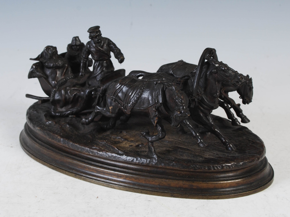 A late 19th/ early 20th century Russian bronze Troika group after Vasilii Grachev (1831-1905) cast