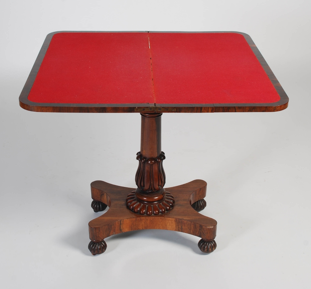 A 19th century rosewood pedestal card table, the hinged rectangular top opening to a red baize-lined - Image 6 of 8