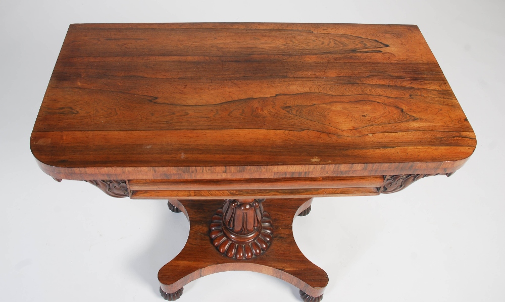 A 19th century rosewood pedestal card table, the hinged rectangular top opening to a red baize-lined - Image 2 of 8