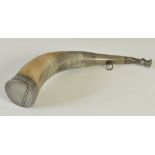 A large 19th century horn snuff mull, with plain pewter mounts and thistle terminal pierced with