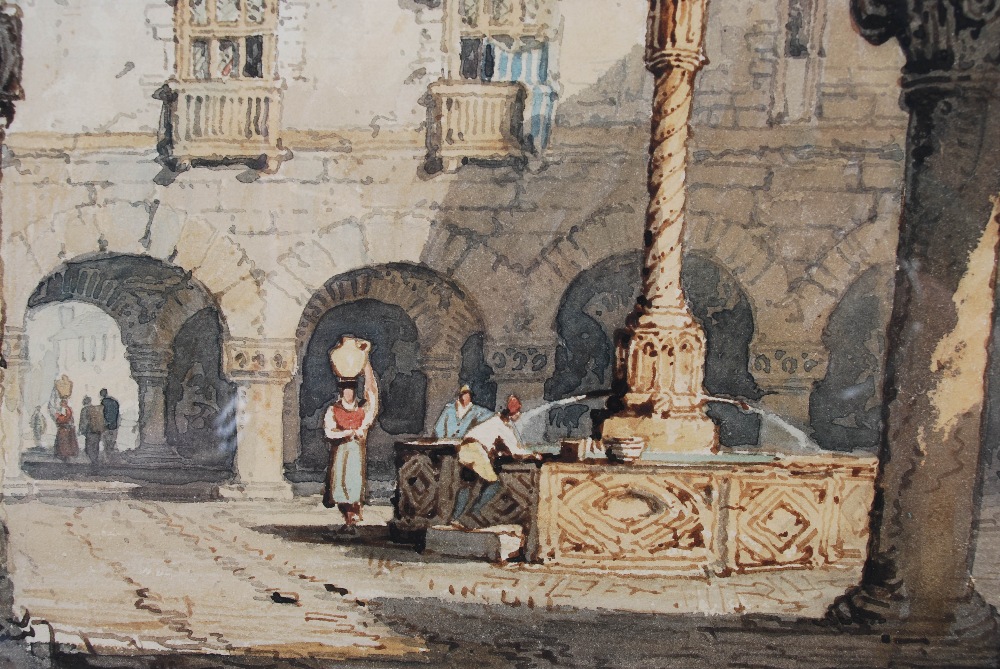 Samuel Prout (1783-1852) Cloisters with fountain and figures watercolour 22cm x 26.5cm - Image 3 of 5