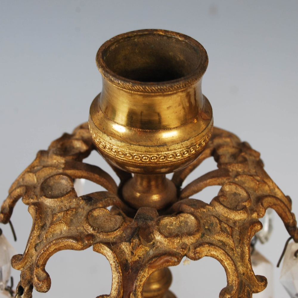 A pair of early 19th century gilt metal and cut glass lustre candlesticks, 23cm high. - Image 2 of 4