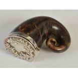 A rare curly horn snuff mull with silver mounts, Edinburgh, 1835, maker's mark 'GB', the lid applied