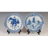 Two Chinese porcelain blue and white plates, Qing Dynasty, one decorated with three figures, large