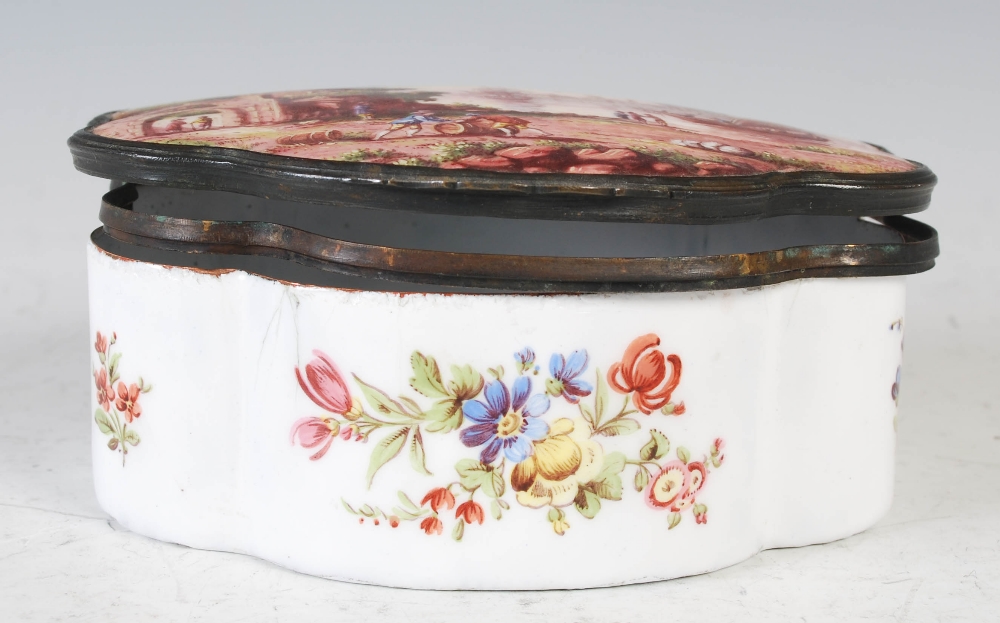 An 18th century enamel on copper quatrefoil shaped box, the hinged cover decorated with river - Image 2 of 10