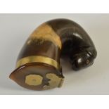An early 19th century Scottish curled horn snuff mull, the terminal in the form of a stylised dog'