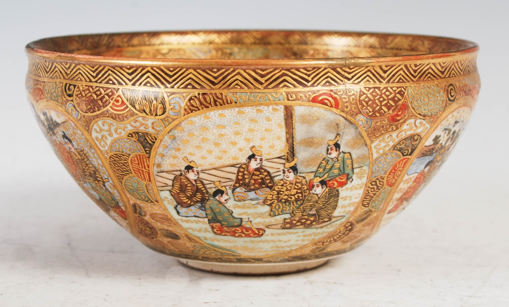 A Japanese Satsuma pottery bowl, Meiji Period, the interior decorated with a crowd of figures, the - Image 5 of 8