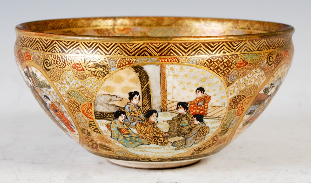 A Japanese Satsuma pottery bowl, Meiji Period, the interior decorated with a crowd of figures, the - Image 3 of 8