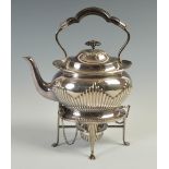 An Edwardian EP part-fluted oval tea kettle on stand, 29cm high