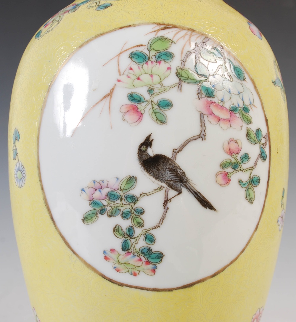 A Chinese porcelain yellow ground famille rose vase, bearing Qianlong seal mark but later, decorated - Image 8 of 11