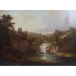 Attributed to Patrick Naysmith (1787-1831) River landscape with waterfall and figures on the shore