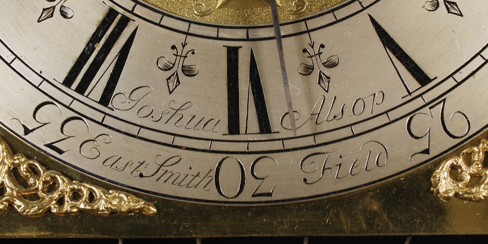 An 18th century black lacquer longcase clock, Joshua Alsop, East Smithfield, the brass dial with - Image 6 of 12